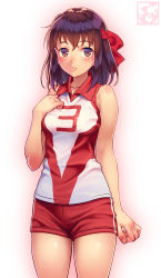 Rule 34 | 1girl, arm at side, artist logo, artist name, bad id, bad pixiv id, bare arms, bare shoulders, basketball uniform, blush, breasts, brown eyes, brown hair, cowboy shot, girls und panzer, gradient background, hair ribbon, hand on own chest, highres, kondou taeko, looking at viewer, medium breasts, pairan, parted lips, pink background, red ribbon, red shorts, ribbon, shorts, single vertical stripe, sleeveless, small breasts, solo, sportswear, sweat, wing collar