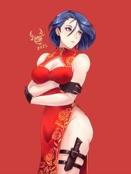 Rule 34 | 1girl, alternate costume, arms under breasts, black gloves, blue hair, breast hold, breasts, china dress, chinese clothes, chinese new year, cleavage, cleavage cutout, clothing cutout, cowboy shot, crossed arms, dress, fire emblem, fire emblem: three houses, floral print, gloves, gold trim, hakuramen, highres, knife, large breasts, looking to the side, nintendo, purple eyes, red background, shamir nevrand, short hair, side slit, signature, simple background, sleeveless, solo, thigh strap, thighs