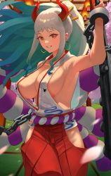 Rule 34 | 1girl, absurdres, aqua hair, arm up, armpits, bare arms, bare shoulders, breasts, ceiling, chain, cherry blossoms, club, club (weapon), cowboy shot, cuffs, curled horns, earrings, fisheye, floating hair, green hair, grin, hair ornament, hair stick, hakama, hakama pants, hand on own hip, highres, hip vent, holding, holding weapon, hoop earrings, horns, indoors, japanese clothes, jewelry, kanabou, large breasts, long hair, looking at viewer, motion blur, multicolored hair, multicolored horns, mutsumomo, one piece, oni, orange eyes, orange horns, pants, petals, plunging neckline, red hakama, red horns, shackles, shirt, sideboob, sidelocks, sleeveless, sleeveless shirt, smile, solo, tatami, twisted torso, very long hair, weapon, white hair, wind, yamato (one piece), yellow horns