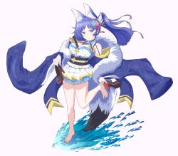 Rule 34 | 1girl, animal ear fluff, asymmetrical hair, azur lane, bare legs, barefoot, between breasts, black footwear, blue bow, blue bowtie, blue eyes, blue hair, blue robe, blush, bow, bowtie, breasts, cleavage, closed mouth, commentary request, commission, detached sleeves, dress, feet, floral print, flower, fur trim, hair flower, hair ornament, hand up, head tilt, highres, holding, ishi (user vcwg3733), jintsuu (azur lane), large breasts, legs, long hair, long sleeves, looking at viewer, pleated dress, purple background, red footwear, robe, sash, shadow, shoes, unworn shoes, short dress, sidelocks, simple background, sleeveless, sleeveless dress, solo, spread toes, standing, standing on one leg, toenails, toes, white dress