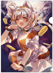 Rule 34 | 1girl, :d, animal ears, arm up, ayatsuki sugure, bell, black choker, black wristband, blonde hair, blush, breasts, brown hair, calico, cat ears, cat tail, choker, coin, collarbone, commentary request, eyelashes, fingernails, frills, gold, goutokuji mike, gradient background, jingle bell, koban (gold), maneki-neko, medium breasts, midriff peek, miniskirt, multicolored hair, open mouth, orange hair, patchwork clothes, paw pose, puffy short sleeves, puffy sleeves, short hair, short sleeves, sidelocks, skirt, smile, solo, standing, streaked hair, tail, textless version, thighs, tongue, touhou, upper body, white hair, white skirt, wristband