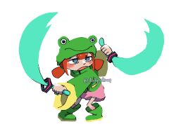 Rule 34 | 1girl, arm behind back, blue eyes, blush stickers, commentary, detached hair, english commentary, frog hat, full body, green footwear, green hoodie, hatsune miku, highres, holding, holding sword, holding weapon, hood, hoodie, long sleeves, minecraft, odakuram, open mouth, pink skirt, pink socks, rana (minecraft), short hair, short twintails, skirt, socks, solo, standing, sword, transparent background, twintails, twitter username, vocaloid, weapon, wide sleeves
