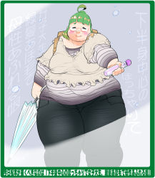 Rule 34 | 1girl, blush, breasts, closed eyes, fat, glasses, green hair, medium breasts, obese, pocharu, solo, thick thighs, thighs, translation request, wide hips