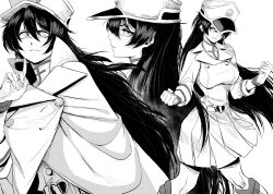 Rule 34 | 1girl, absurdres, bambietta basterbine, bleach, bleach: sennen kessen-hen, clenched hands, commentary, english commentary, evil eyes, evil smile, gloves, greyscale, hair between eyes, hat, heart belt, highres, jacket, jesse schickler, long hair, looking at viewer, military hat, military jacket, military uniform, monochrome, multiple views, peaked cap, quincy (bleach), simple background, smile, sternritter, uniform, wandenreich uniform, white background