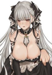 Rule 34 | 1girl, azur lane, between breasts, black dress, breasts, choker, cleavage, dress, earrings, ex pulse, formidable (azur lane), frilled choker, frilled dress, frills, grey hair, hair ribbon, highres, jewelry, large breasts, long hair, red eyes, ribbon, solo, twintails, twintails day, two-tone dress, two-tone ribbon, very long hair, white background