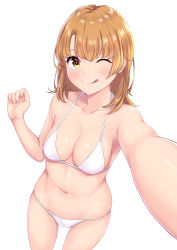 Rule 34 | 1girl, ;q, absurdres, armpits, bare arms, bare shoulders, bikini, blush, breasts, cleavage, closed mouth, collarbone, commentary request, cowboy shot, foreshortening, highres, isshiki iroha, long hair, looking at viewer, medium breasts, meri-san, navel, one eye closed, orange hair, outstretched arm, reaching, reaching towards viewer, selfie, simple background, skindentation, smile, solo, stomach, swimsuit, tongue, tongue out, white background, white bikini, yahari ore no seishun lovecome wa machigatteiru., yellow eyes