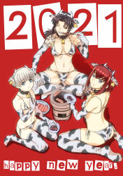 Rule 34 | 2021, 341 sentoudan, 3girls, :t, animal ears, animal print, bell, bikini, black lagoon, blue eyes, breasts, brown eyes, brown hair, chinese zodiac, chopsticks, collar, commentary request, cooking, copyright request, cow ears, cow horns, cow print, cowbell, creator connection, crossover, ear tag, eating, elbow gloves, ermina shaumaher, fake animal ears, fake horns, female focus, food, full body, gloves, grill, happy new year, highres, hiroe rei, holding, holding chopsticks, horns, indian style, large breasts, long hair, looking at viewer, meat, medium breasts, meteora osterreich, multiple crossover, multiple girls, navel, neck bell, new year, no shoes, ponytail, print bikini, print gloves, print legwear, re:creators, red hair, revy (black lagoon), shichirin, short hair, shoulder tattoo, side-tie bikini bottom, sitting, small breasts, swimsuit, tattoo, thighhighs, underboob, wariza, yakiniku, year of the ox