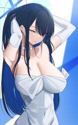 Rule 34 | 1girl, absurdres, armpits, arms up, black hair, blue archive, blue eyes, blue hair, blue halo, breasts, choker, closed mouth, colored inner hair, covered navel, dress, earrings, elbow gloves, gloves, half-closed eyes, halo, hands in hair, highres, jewelry, large breasts, long hair, multicolored hair, poolpool, saori (blue archive), solo, strapless, strapless dress, two-tone hair, upper body, very long hair, white choker, white dress, white gloves