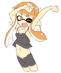 Rule 34 | 1girl, arms up, female focus, inkling player character, kikai (akita morgue), navel, nintendo, one eye closed, open mouth, orange eyes, orange hair, pointy ears, simple background, solo, splatoon (series), stretching, tentacle hair, white background