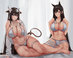 Rule 34 | 2girls, absurdres, alternate costume, animal ears, arm support, armlet, atago (azur lane), atago (summer march) (azur lane), atago (summer march) (azur lane), azur lane, bare shoulders, barefoot, bed sheet, bikini, blush, breasts, brown eyes, brown hair, choker, cleavage, commission, criss-cross halter, cross-laced bikini, cross-laced bikini top, cross-laced clothes, curtains, curvy, extra ears, finger to mouth, flower, hair between eyes, hair flower, hair ornament, halterneck, highres, kashino (azur lane), kashino (hot springs relaxation) (azur lane), large breasts, long hair, multiple girls, navel, nonekong, off shoulder, open mouth, purple eyes, see-through, sitting, smile, swimsuit, thick thighs, thighlet, thighs, underboob, white bikini, white choker