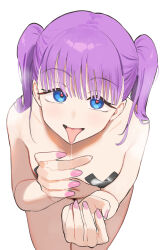 1girl blue_eyes blunt_bangs breasts cross_pasties cupping_hand fellatio_gesture fingernails heart heart-shaped_pupils highres looking_at_viewer nail_polish naughty_face nude open_mouth original pasties pink_nails purple_hair saliva saliva_trail sexually_suggestive simple_background smile solo symbol-shaped_pupils tongue tongue_out twin_(tt_lsh) twintails white_background