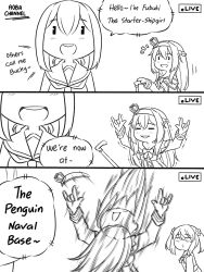 Rule 34 | 3girls, 3koma, :d, = =, \m/, afterimage, arms up, blush, braid, cane, closed eyes, collared shirt, comic, commentary, crown, double \m/, double bun, dress, english commentary, english text, fubuki (kancolle), greyscale, guin guin, hair between eyes, hair bun, hairband, headbanging, holding, holding cane, kantai collection, long hair, long sleeves, michishio (kancolle), mini crown, monochrome, motion blur, multiple girls, open mouth, pinafore dress, remodel (kantai collection), sailor collar, school uniform, serafuku, shirt, sidelocks, sleeveless, sleeveless dress, smile, tilted headwear, trembling, twintails, very long hair, warspite (kancolle)