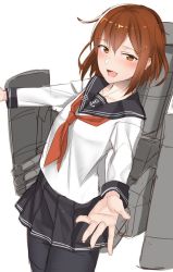 Rule 34 | 1girl, anchor symbol, bad id, bad twitter id, badge, black pantyhose, black sailor collar, black skirt, brown eyes, brown hair, cowboy shot, fang, hair ornament, hairclip, ikazuchi (kancolle), kantai collection, long sleeves, looking at viewer, machiney, neckerchief, pallad, pantyhose, pleated skirt, red neckerchief, sailor collar, school uniform, serafuku, shirt, short hair, simple background, skin fang, skirt, smile, solo, white background, white shirt