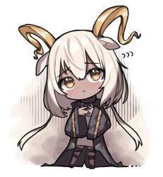 Rule 34 | 1girl, :&lt;, absurdres, animal ear fluff, animal ears, arknights, beeswax (arknights), beudelb, big head, black jacket, blush, brown eyes, chibi, closed mouth, commentary request, dress, flying sweatdrops, full body, hair between eyes, head tilt, highres, horns, jacket, korean commentary, long hair, long sleeves, looking at viewer, open clothes, open jacket, solo, standing, tears, very long hair, white dress, white hair, wide sleeves