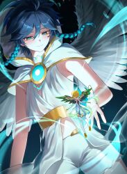 Rule 34 | 1boy, 1girl, absurdres, aqua hair, blonde hair, blue hair, braid, cape, closed mouth, dress, feathered wings, genshin impact, highres, hood, jewelry, lumine (genshin impact), male focus, midriff, multicolored hair, official alternate costume, porary, shorts, smile, solo, stomach, twin braids, venti (archon) (genshin impact), venti (genshin impact), white cape, white dress, white hood, white shorts, wings