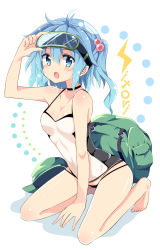 Rule 34 | 1girl, alternate costume, backpack, bag, bare shoulders, blue eyes, blue hair, breasts, choker, cleavage, goggles, goggles on head, hair bobbles, hair ornament, hat, unworn hat, unworn headwear, highres, kawashiro nitori, long hair, looking at viewer, matching hair/eyes, maturiuta sorato, one-piece swimsuit, open mouth, solo, swimsuit, touhou, twintails, two side up
