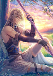 Rule 34 | 1boy, against tree, aqua eyes, artist name, black gloves, blonde hair, day, elbow gloves, fate/grand order, fate (series), fingerless gloves, fionn mac cumhaill (fate/grand order), from side, gloves, hagino kouta, hair between eyes, highres, holding, holding polearm, holding weapon, long hair, looking at viewer, male focus, outdoors, polearm, revision, sitting, smile, solo, thighhighs, tree, very long hair, weapon, white thighhighs