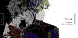 Rule 34 | 2boys, blood, blood on clothes, bruise, character name, dated, dual persona, green eyes, green hair, hair over one eye, injury, japanese clothes, male focus, multiple boys, mzet, short hair, smile, touken ranbu, translation request, uguisumaru, whispering