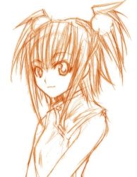 Rule 34 | 00s, 1girl, food, fruit, kufei, long sleeves, looking at viewer, lowres, mahou sensei negima!, monochrome, orange (fruit), orange theme, short hair, sidelocks, simple background, sketch, smile, solo, twintails, two side up, upper body, white background