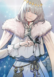 Rule 34 | 1boy, blue eyes, bug, butterfly, cape, closed mouth, crown, diamond hairband, false smile, fate/grand order, fate (series), feet out of frame, fur-trimmed cape, fur trim, grey hair, half-closed eyes, highres, insect, insect on finger, kuzen, light particles, long sleeves, looking at viewer, male focus, medium hair, oberon (fate), robe, smile, solo, type-moon