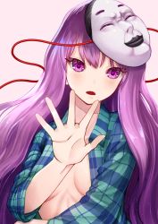Rule 34 | 1girl, blue shirt, blush, breasts, burikarun, commentary request, hand up, hata no kokoro, long hair, mask, mask on head, no bra, open clothes, open hand, open mouth, open shirt, pink eyes, pink hair, plaid, plaid shirt, shirt, simple background, small breasts, solo, touhou, upper body