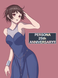 Rule 34 | 1girl, arm up, blue dress, braid, breasts, brown hair, cleavage, copyright name, crown braid, dress, hand in own hair, highres, medium breasts, niijima makoto, open mouth, persona, persona 5, pink background, red eyes, s-m-53413, short hair, sideboob, simple background, sleeveless, sleeveless dress, solo, standing