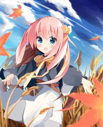 Rule 34 | 1girl, belt, blue eyes, blush, bow, bowtie, cape, capelet, cloud, commentary request, day, dress, eyebrows, hair bow, hair ornament, headband, highres, kushida you, long hair, looking at viewer, open mouth, original, outdoors, outstretched arms, pink hair, sky, solo, white dress, wind