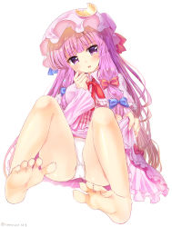 Rule 34 | 1girl, artist name, bare legs, barefoot, blue bow, blue ribbon, blunt bangs, blush, bow, breasts, capelet, clothes lift, commentary request, crescent, crescent pin, dress, dress lift, embarrassed, feet, fingernails, foot focus, foreshortening, frilled dress, frills, hair bow, hair ornament, hand to own mouth, hand up, hat, hat ribbon, head tilt, highres, legs, legs up, lifting own clothes, long fingernails, long hair, long sleeves, long toenails, looking at viewer, medium breasts, mob cap, nail polish, no shoes, open mouth, panties, pantyshot, patchouli knowledge, purple eyes, purple hair, ramudia (lamyun), red ribbon, ribbon, shiny skin, sidelocks, simple background, sitting, skirt, skirt hold, skirt lift, soles, solo, spread legs, spread toes, striped clothes, striped dress, tearing up, tears, thighs, toenails, toes, touhou, twitter username, underwear, upskirt, very long hair, white background, white nails, white panties