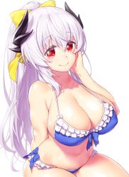 Rule 34 | 1girl, bikini, blue bikini, blush, bow, breasts, cleavage, collarbone, commentary request, curvy, dragon horns, fate/grand order, fate (series), frilled bikini, frills, hair bow, highres, horns, kiyohime (fate), kiyohime (swimsuit lancer) (third ascension) (fate), large breasts, long hair, looking at viewer, navel, onsoku inu, ponytail, red eyes, simple background, sitting, smile, solo, swimsuit, white background, yellow bow