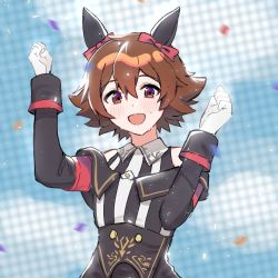 Rule 34 | 1boy, :d, alternate costume, animal ears, blurry, blush, bow, brown eyes, brown hair, clenched hands, commentary request, confetti, cosplay, creatures (company), curren chan (umamusume), curren chan (umamusume) (cosplay), game freak, gloves, hair between eyes, hair bow, hands up, hilbert (pokemon), male focus, nintendo, non porn, open mouth, p (flavorppp), pokemon, pokemon bw, red bow, short hair, smile, solo, sweat, trap, umamusume, upper body, white gloves