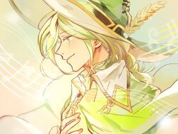 Rule 34 | 1boy, blonde hair, braid, caro (granblue fantasy), chain, cloak, collared cloak, crying, crying with eyes open, cunonn, from side, gradient background, granblue fantasy, green background, green cloak, green eyes, green hat, hair between eyes, hand on own chest, hat, hat ornament, long bangs, long hair, looking ahead, male focus, parted lips, pointy hat, profile, single braid, smile, solo, staff (music), tears, upper body, witch hat