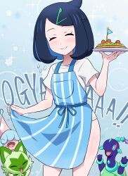 Rule 34 | 1girl, absurdres, alternate costume, apron, black hair, blue apron, blue background, blush, closed eyes, closed mouth, commentary request, cowlick, creatures (company), eyelashes, facing viewer, flag, flying sweatdrops, food, game freak, gen 8 pokemon, hair ornament, hairclip, hand up, happy, hatenna, highres, holding, holding plate, liko (pokemon), nintendo, plate, pokemoa, pokemon, pokemon (anime), pokemon (creature), pokemon horizons, shiny skin, shirt, short sleeves, smile, sparkle, sprigatito, striped apron, striped clothes, t-shirt, terapagos, terapagos (normal), white shirt