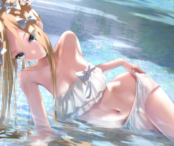 Rule 34 | 1girl, abigail williams (fate), abigail williams (swimsuit foreigner) (fate), bare shoulders, bikini, blonde hair, blue eyes, bow, breasts, fate/grand order, fate (series), forehead, hair bow, long hair, lying, miniskirt, navel, on side, parted bangs, sakazakinchan, sidelocks, skirt, small breasts, solo, swimsuit, twintails, very long hair, water, white bikini, white bow
