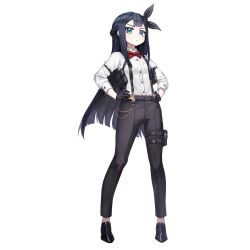 Rule 34 | 1girl, :/, andvari (last origin), arm strap, belt pouch, black footwear, black gloves, black hair, black pants, black ribbon, braid, breast pocket, buttons, chain, collared shirt, d-log, flat chest, french braid, full body, game cg, gloves, gold chain, green eyes, gun, hair ribbon, hands on own hips, highres, holster, holstered, last origin, leather, leather gloves, leg belt, loafers, long hair, looking at viewer, neck ribbon, official alternate costume, official art, pants, pocket, pouch, red ribbon, ribbon, shirt, shoes, sidelocks, simple background, solo, standing, striped ribbon, suspenders, tachi-e, third-party source, transparent background, weapon, white shirt