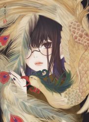 Rule 34 | 1girl, bird, brown eyes, brown hair, closed mouth, commentary request, glasses, hand up, highres, long hair, looking at viewer, nail polish, one eye covered, original, peacock, purple nails, round eyewear, seal impression, signature, solo, ushiyama ame