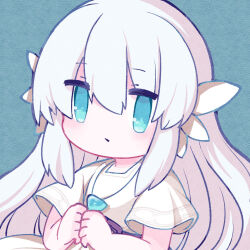 Rule 34 | 1girl, blue background, blue eyes, blush, chibi, close-up, dress, ender lilies quietus of the knights, expressionless, hair ornament, highres, jewelry, kasasagi (hinagi), lily (ender lilies), long hair, necklace, own hands together, pendant, simple background, solo, white dress, white hair