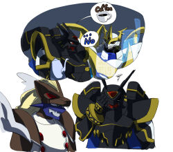 Rule 34 | 3boys, alphamon, armor, blonde hair, cape, coffee, digicore, digimon, digimon (creature), duftmon, highres, imperialdramon, imperialdramon paladin mode, long hair, looking at another, multiple boys, no humans, royal knights, wings