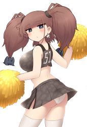 Rule 34 | 1girl, alternate costume, ass, atlanta (kancolle), breasts, brown hair, cheerleader, earrings, grey eyes, highres, jewelry, kantai collection, large breasts, long hair, looking at viewer, panties, pleated skirt, pom pom (cheerleading), shirt, simoyuki, simple background, skirt, solo, star (symbol), star earrings, thighhighs, two side up, underwear, white background, white panties, white thighhighs