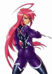 Rule 34 | 1boy, ahoge, ass, back, bodysuit, highres, latex, latex bodysuit, long hair, looking at viewer, male focus, original, sawamura motomufuka, simple background, skin tight, solo, thick eyebrows, thighs, white background