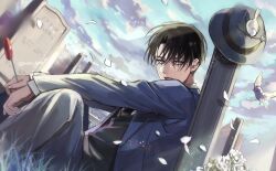 Rule 34 | 1boy, arms on knees, artist name, bird, black hair, black necktie, blue jacket, cloud, cloudy sky, collared shirt, cropped legs, day, flower, formal, grass, graveyard, hair over eyes, hat, highres, jacket, levi (shingeki no kyojin), looking to the side, male focus, necktie, neri aot, open mouth, outdoors, petals, rose, rose petals, shingeki no kyojin, shirt, short hair, sitting, sky, solo, suit, sunlight, teeth, tombstone, twitter username, upper teeth only, white bird, white flower, white rose, white shirt