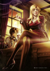 Rule 34 | 2girls, absurdres, balalaika (black lagoon), black lagoon, blonde hair, business suit, cigar, coffee mug, crossed legs, cup, desk, drinking, formal, gloves, gun, hair down, hand on own face, high heels, highres, hiroe rei, holding, holding cigar, holster, jewelry, looking at viewer, mole, mole under eye, mug, multiple girls, nail polish, necklace, pantyhose, patterned legwear, pencil skirt, red suit, revy (black lagoon), scan, scan artifacts, scar, shoulder tattoo, sitting, skirt, skirt suit, smile, smoke, smoking, suit, tattoo, tribal tattoo, weapon