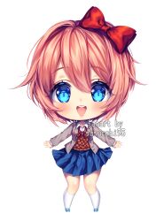Rule 34 | 1girl, aqua footwear, artist name, blazer, blue eyes, blue skirt, blush, bow, brown jacket, brown vest, chibi, chibi only, collared shirt, commentary, doki doki literature club, english commentary, fluffy hair, full body, hair between eyes, hair bow, highres, jacket, long sleeves, looking at viewer, neck ribbon, open clothes, open jacket, open mouth, orange hair, outstretched arms, pigeon-toed, red bow, red ribbon, ribbon, sasucchi95, sayori (doki doki literature club), shirt, short hair, skirt, smile, socks, solo, standing, straight-on, teeth, two-tone footwear, upper teeth only, vest, white footwear, white shirt, white socks