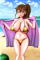 Rule 34 | 1girl, absurdres, areola slip, beach, bikini, blush, breasts, brown hair, cleavage, collarbone, food, fruit, highres, huge breasts, long hair, looking at viewer, navel, o-ring, o-ring bottom, o-ring panties, open mouth, panties, plump, ponytail, sand, sky, smile, swimsuit, taneshima popura, thick thighs, thighs, ton, towel, underwear, watermelon, working!!, yellow bikini, yellow eyes