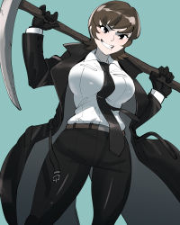 1girl, absurdres, aqua background, belt, between breasts, black coat, black eyes, black gloves, black necktie, black neckwear, blush, breasts, brown belt, brown hair, coat, eyebrows visible through hair, gloves, grin, highres, holding, holding pickaxe, large breasts, mafia, mole, mole under mouth, moto toshi, necktie, necktie between breasts, original, pickaxe, short hair, simple background, smile, solo, teeth