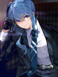 Rule 34 | 1girl, belt, black gloves, black jacket, black pants, black suit, blue eyes, blue hair, blue necktie, closed mouth, collared shirt, commentary request, dress shirt, formal, funi mu9, gloves, highres, hololive, hoshimachi suisei, jacket, long sleeves, looking at viewer, medium hair, necktie, open clothes, open jacket, pant suit, pants, shirt, side ponytail, smile, solo, star (symbol), star in eye, suit, symbol in eye, virtual youtuber, white shirt, wing collar