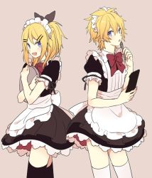 Rule 34 | 1boy, 1girl, akiyoshi (tama-pete), apron, black thighhighs, blonde hair, blue eyes, bow, bowtie, brother and sister, clipboard, crossdressing, frills, hair ornament, hairclip, headdress, holding, holding tray, kagamine len, kagamine rin, maid, maid headdress, medium hair, open mouth, pen, pink background, short hair, siblings, smile, thighhighs, trap, tray, twins, vocaloid, waist apron, white thighhighs