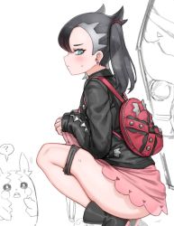 Rule 34 | 1girl, black hair, black jacket, black panties, blush, clothes lift, commentary request, creatures (company), dress, dress lift, earrings, from side, game freak, gen 8 pokemon, high heels, jacket, jewelry, leather, leather jacket, lifted by self, long sleeves, marnie (pokemon), morpeko, morpeko (full), nintendo, panties, panty pull, pink dress, pokemon, pokemon (creature), pokemon swsh, red bag, short twintails, simple background, squatting, sweatdrop, thighs, twintails, underwear, white background, xiangzi box