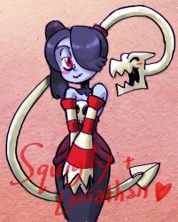 Rule 34 | 1girl, bare shoulders, blue skin, colored skin, detached collar, detached sleeves, english text, closed eyes, hair over one eye, jonathan kim, leviathan (skullgirls), long hair, official art, purple hair, red eyes, side ponytail, skull, skullgirls, smile, solo, squigly (skullgirls), standing, stitched mouth, stitches, striped, striped sleeves, zombie