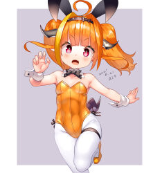 Rule 34 | 1girl, aged down, ahoge, animal ears, araki (qbthgry), bare shoulders, bow, bowtie, breasts, brown hair, detached collar, dragon girl, dragon horns, dragon tail, fake animal ears, hairband, highres, hololive, horns, kiryu coco, leg up, leotard, long hair, open mouth, orange footwear, orange leotard, pantyhose, playboy bunny, pointy ears, red eyes, shoes, small breasts, solo, standing, standing on one leg, strapless, strapless leotard, tail, thigh strap, thighs, twintails, virtual youtuber, white pantyhose, wrist cuffs