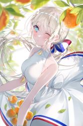 Rule 34 | 1girl, back bow, backlighting, bare shoulders, blonde hair, blue eyes, blurry, blurry background, blush, bow, breasts, carrying, closed mouth, dress, food, fruit, hair bow, highres, holding, holding food, leaf, long hair, looking at viewer, medium breasts, miwano rag, orange (fruit), original, solo, striped, striped bow, tree, white dress